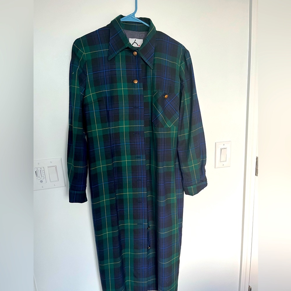 Plaid Button-Front Long Coat - Green & Navy